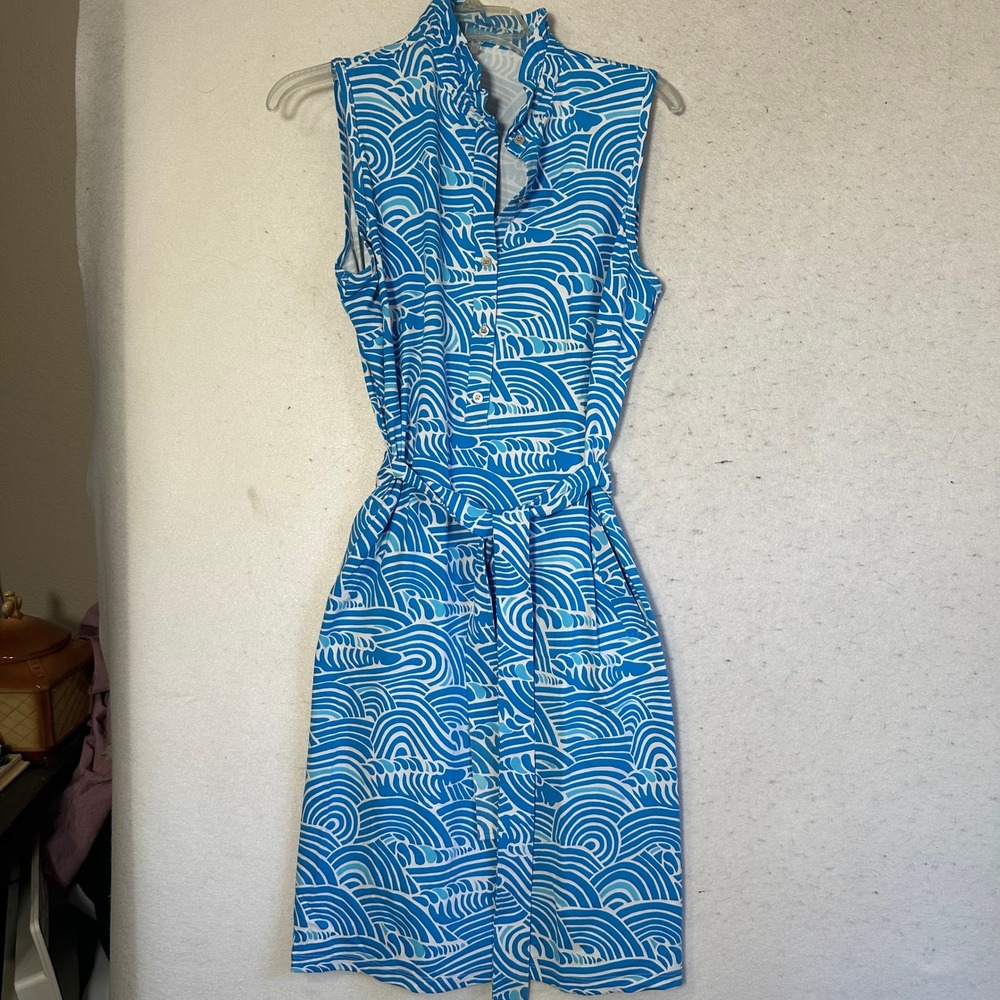 J.McLaughlin Catalina Cloth Sleeveless Dress Blue Wave Print Ruffle Neck Small
